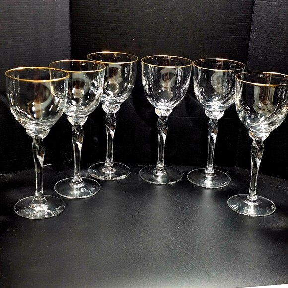 6 Lenox Unity Gold Wine Glasses 7.5" USA crystal goblets twisted stem marked 198 - Picture 2 of 10